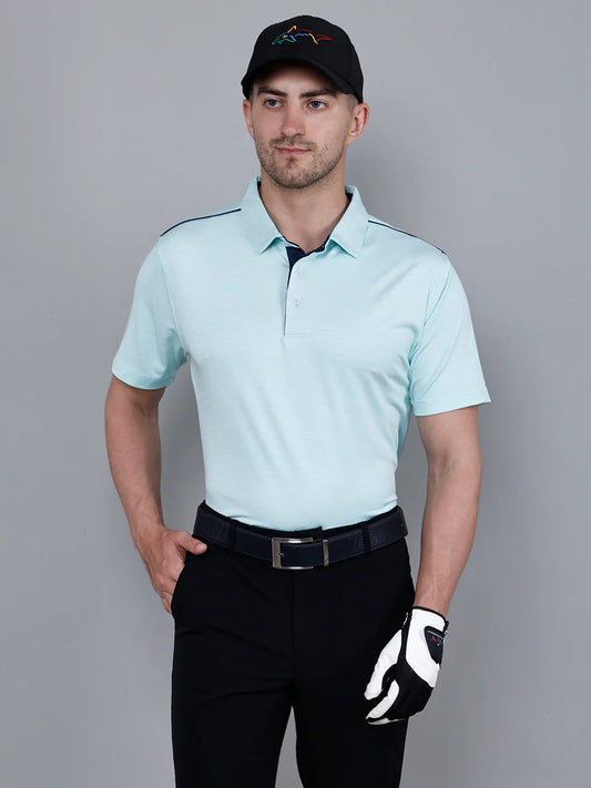 I-GOLF Men's Light Green Striped Golf Polo T Shirt